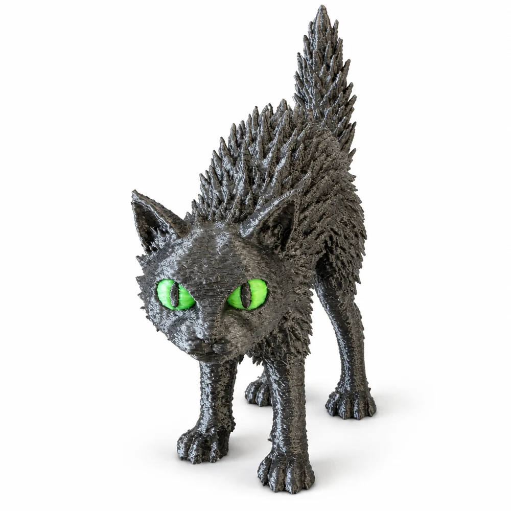 Black arched-back 3D printed cat with green eyes and an upright spiky tail