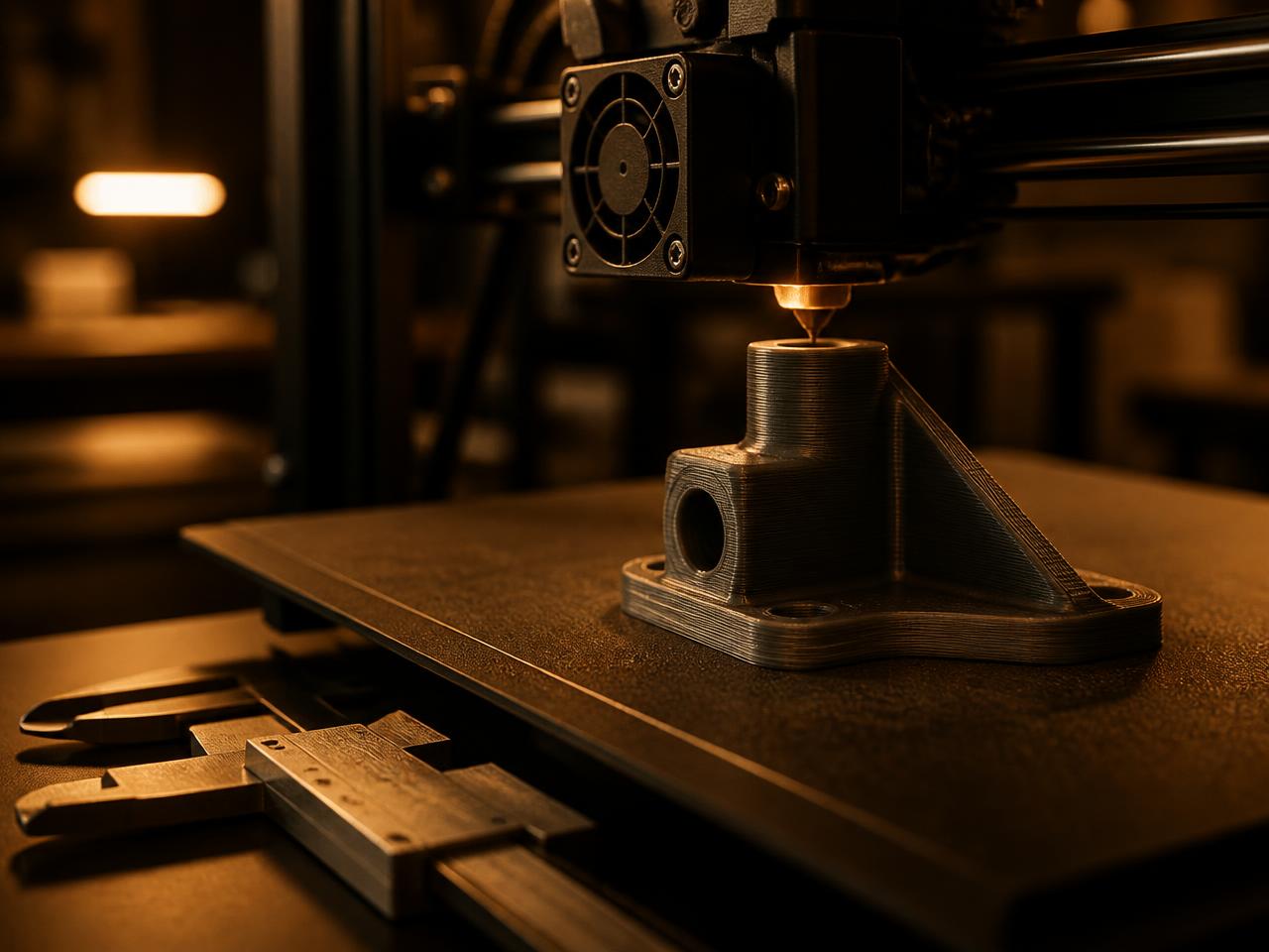 3D printer nozzle building a prototype bracket beside calipers