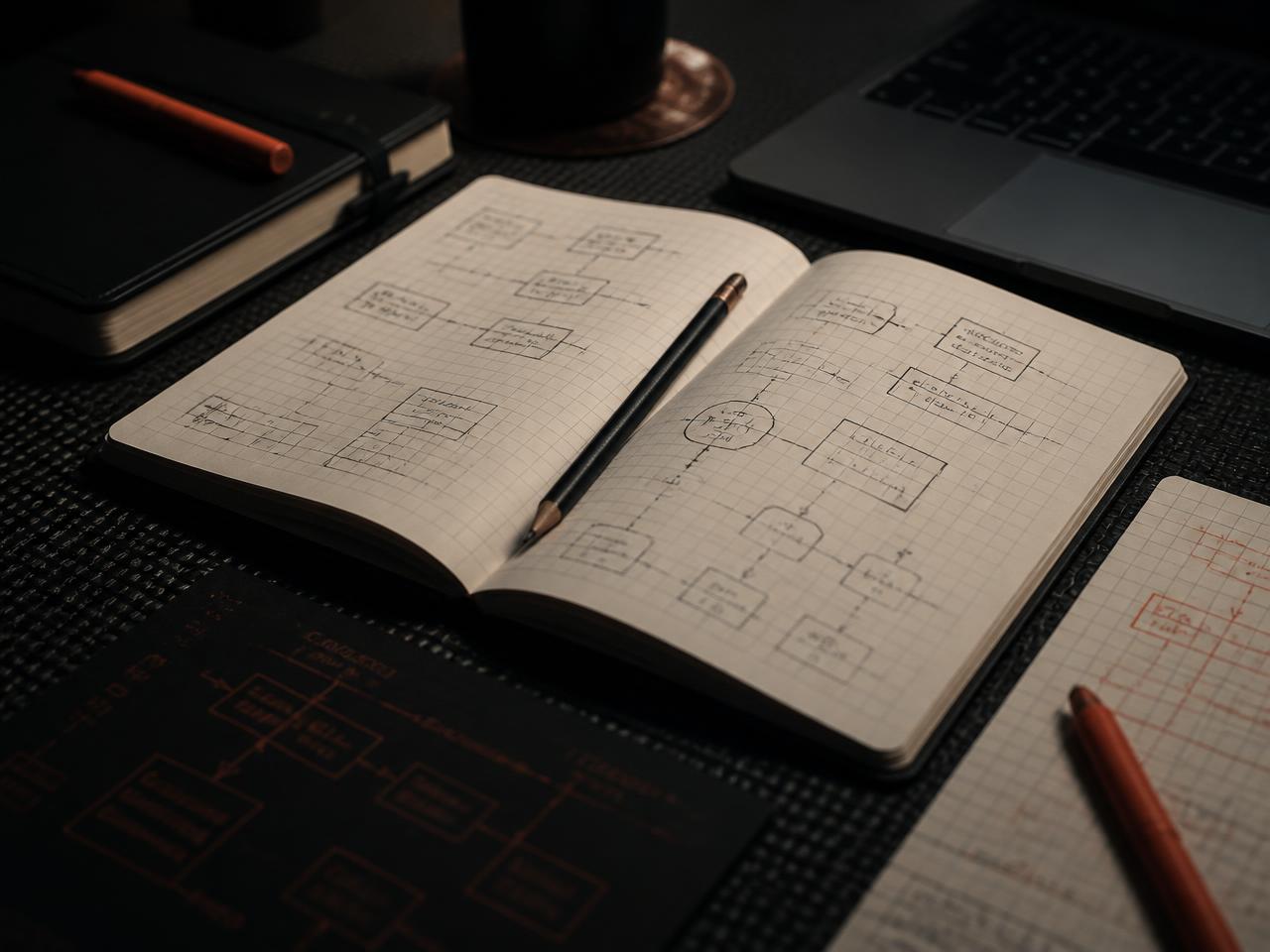 Grid notebook with hand-drawn business system diagrams beside a laptop
